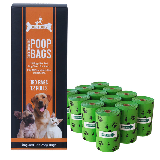 Dogz & Dudez Biodegradable Pet Poop Bags for Dogs and Cats - 12 Rolls (180 Bags)