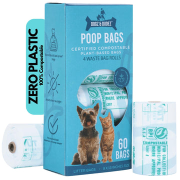 Dogz & Dudez Poop bags for dogs - Certified Compostable Corn Starch Bags and Eco-Friendly, Standard Size 9x13 inches, Fits Poop Scooper, 60 Bags