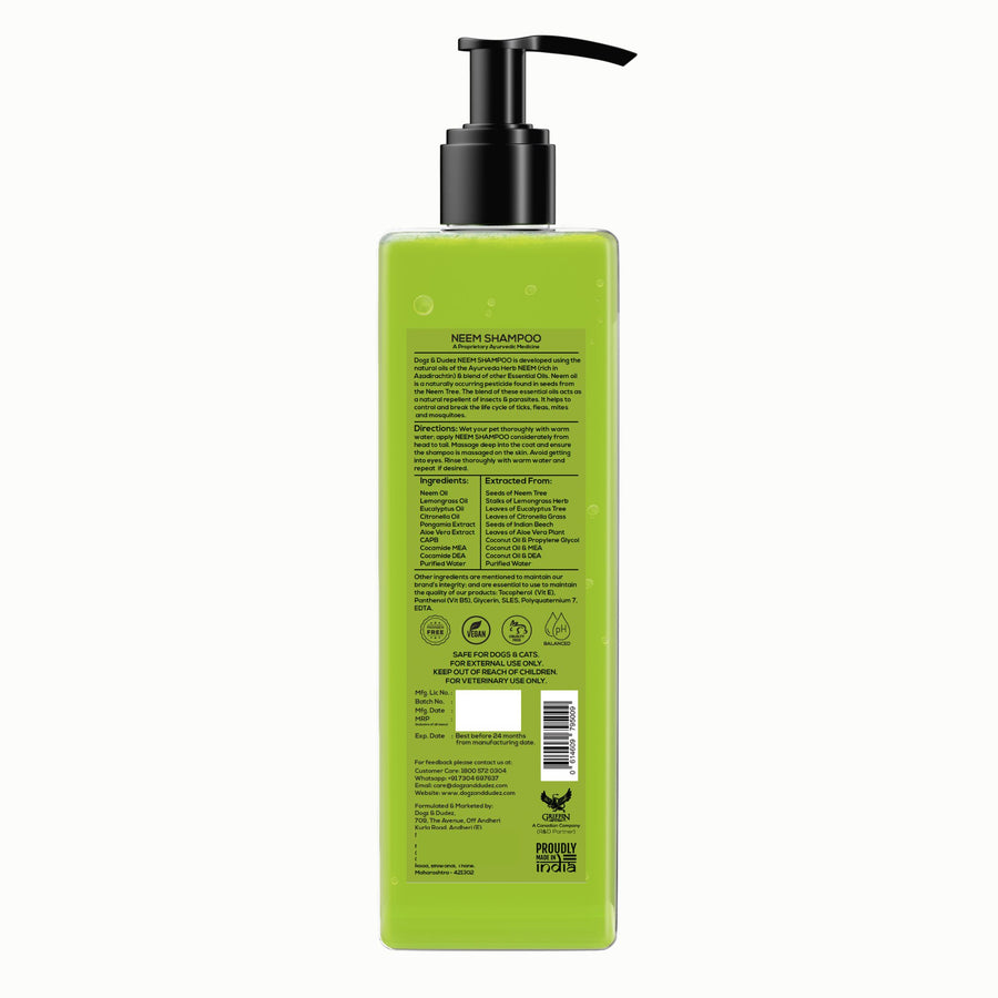 Dogz & Dudez Anti Tick, Itching and Flea Organic Natural Neem and Lemongrass, Insect Repellent Dog Shampoo (Only Available for India)