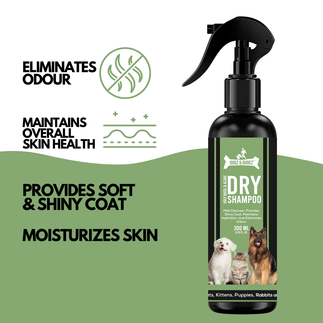 Dogz & Dudez Holy Basil & Algae Dry Shampoo for Dogs & Cats (200 ML)Removes Dirt, Hydrates Skin With Algae Extract to Moisturize skin, provide anti bacterial barrier and Holy Basil for Anti Inflammation | Provides Clean and Shiny Coat