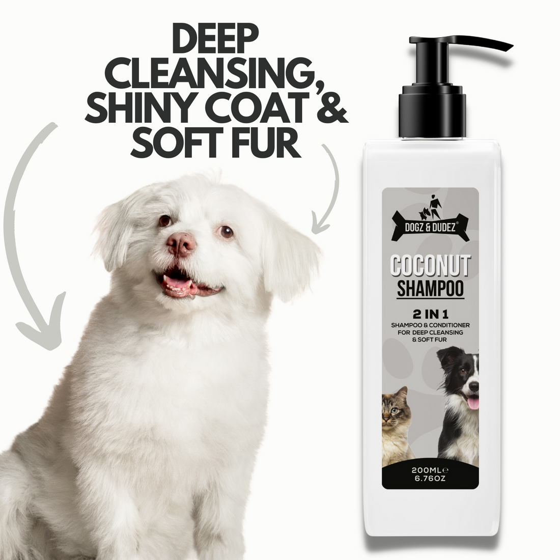 Dogz & Dudez Coconut Dog Shampoo for Puppy, Kitten, cat, and Adult Dogs. 2 in 1 Shampoo and Conditioner for Deep Cleansing and Soft Fur 200ml
