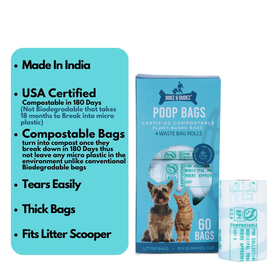 Dogz & Dudez Poop Bags for Dogs - Dog Waste Bags Certified Compostable in 180 Days | Eco-Friendly Dog Poop Picker | Standard Size Dog Poop Bag 9x13 inches, Fits Poop Scooper - 120 Bags